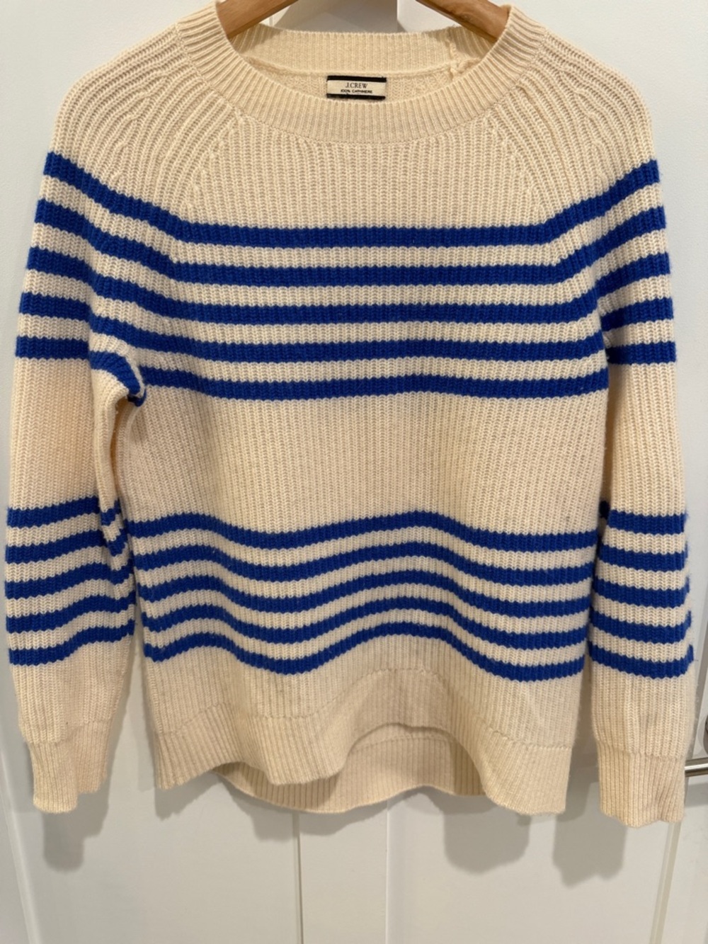 J. Crew Cream cashmere Crewneck Sweater with Blue Stripes